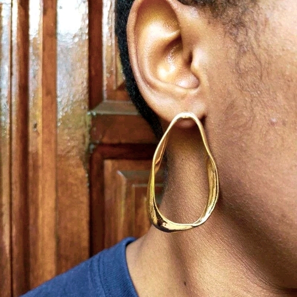 Gold hoop Hammered plated thick double layer boho big earrings - Picture 12 of 17